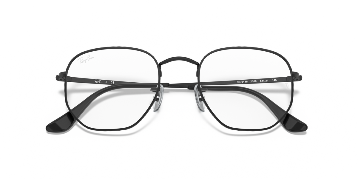 Hexagonal prescription eyewear frames, black full-rim with temple tips