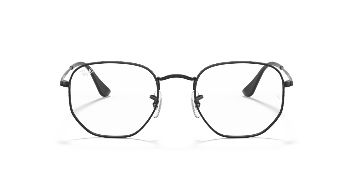 Hexagonal prescription eyewear frames, black full-rim with curved brow detail