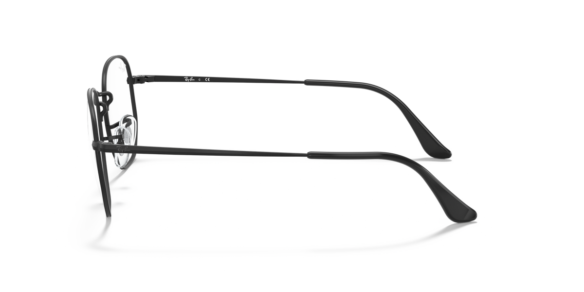 Hexagonal prescription eyewear frames, black side profile with metal arms