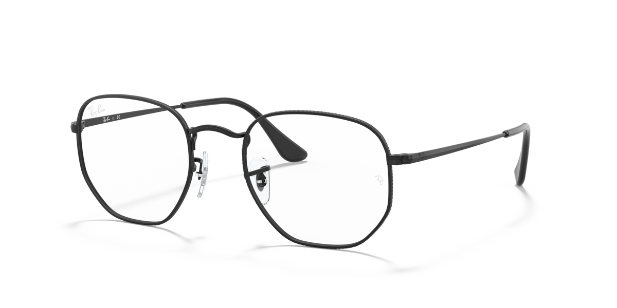 Hexagonal prescription eyewear frames, black full-rim with clear lenses