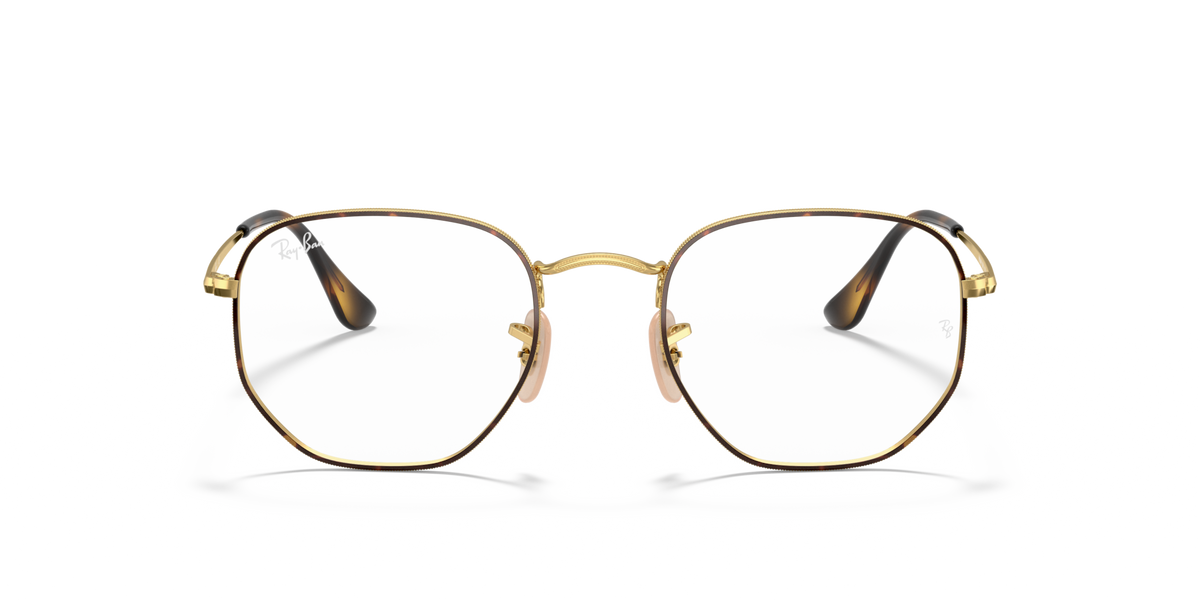 Hexagonal prescription eyewear frames, gold full-rim with curved brow detail