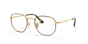 Hexagonal prescription eyewear frames, gold full-rim with clear lenses