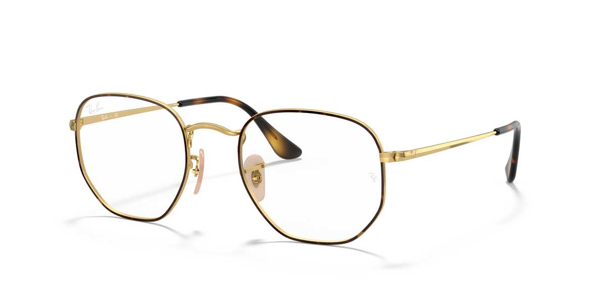 Hexagonal prescription eyewear frames, gold full-rim with clear lenses