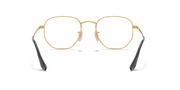 Gold-tone hexagonal prescription eyeglass frames with black temple ends, front view