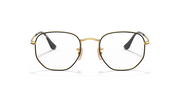 Gold-tone hexagonal prescription eyewear frames with black temples, front view angle