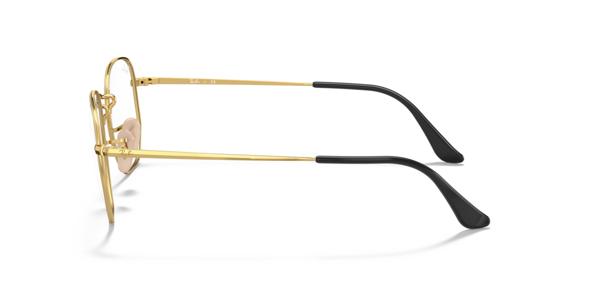 Gold and black prescription eyeglass frames with long temples, side profile