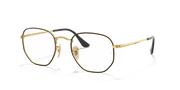 Gold-tone hexagonal prescription eyewear frames with black temple tips, front view