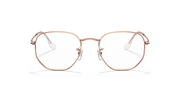 Rose gold hexagonal eyeglass frames, front view, clear lenses