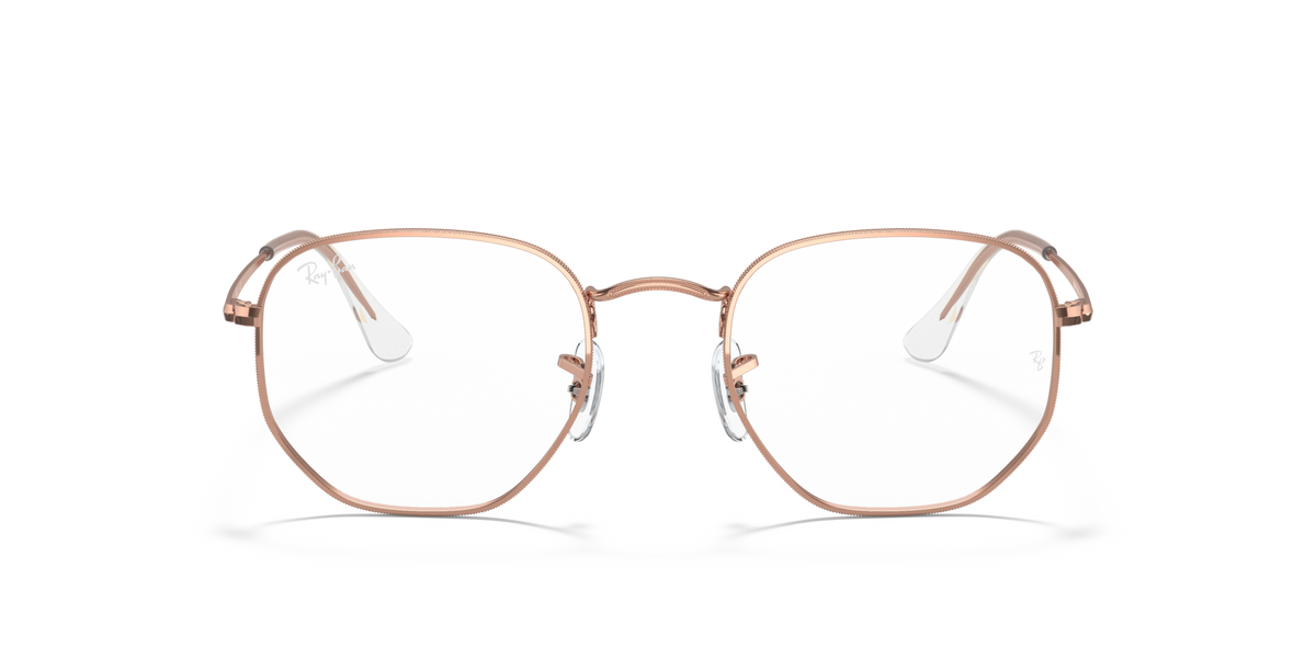 Rose gold hexagonal eyeglass frames, front view, clear lenses