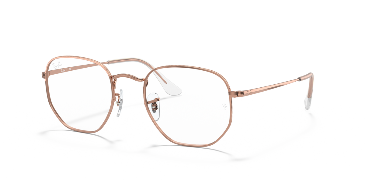 Rose gold hexagonal eyeglass frames with clear lenses