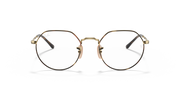 Round eyeglass frames with gold tone front and dark accent nose bridge.