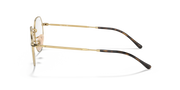 Side view of round eyeglass frames with gold tone metal and dark temples.