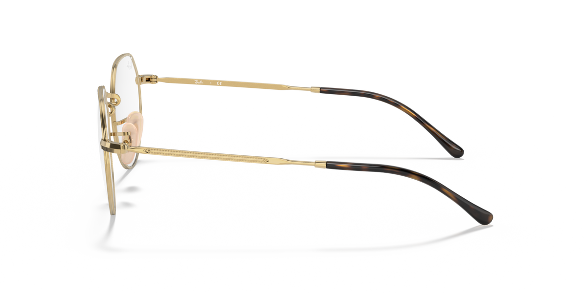 Side view of round eyeglass frames with gold tone metal and dark temples.