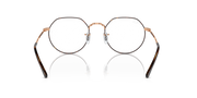 Front view of round eyeglass frames with rose-gold tone metal and dark accents.