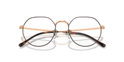 Prescription eyeglass frames, round lenses with rose-gold metal and dark temple tips