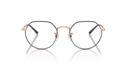 Front view of round eyeglass frames with rose-gold tone metal and dark accents.