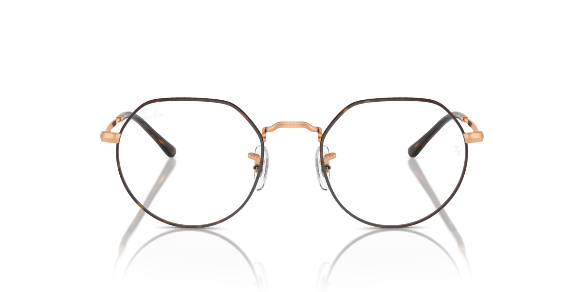 Front view of round eyeglass frames with rose-gold tone metal and dark accents.