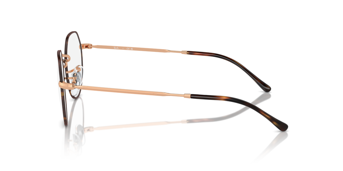 Side view of round eyeglass frames with rose-gold tone metal and dark temples.