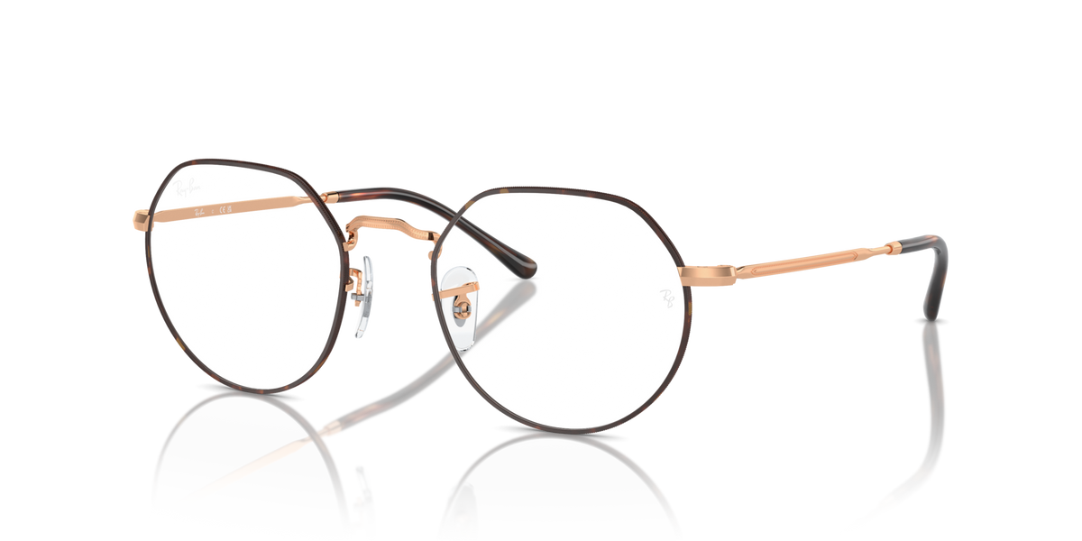 Pair of round eyeglass frames with rose-gold tone metal and dark temples.
