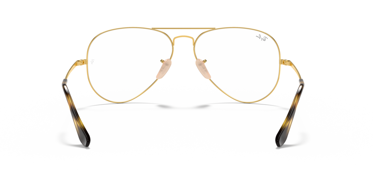 Gold aviator prescription eyewear frames with clear lenses and dark angled temples