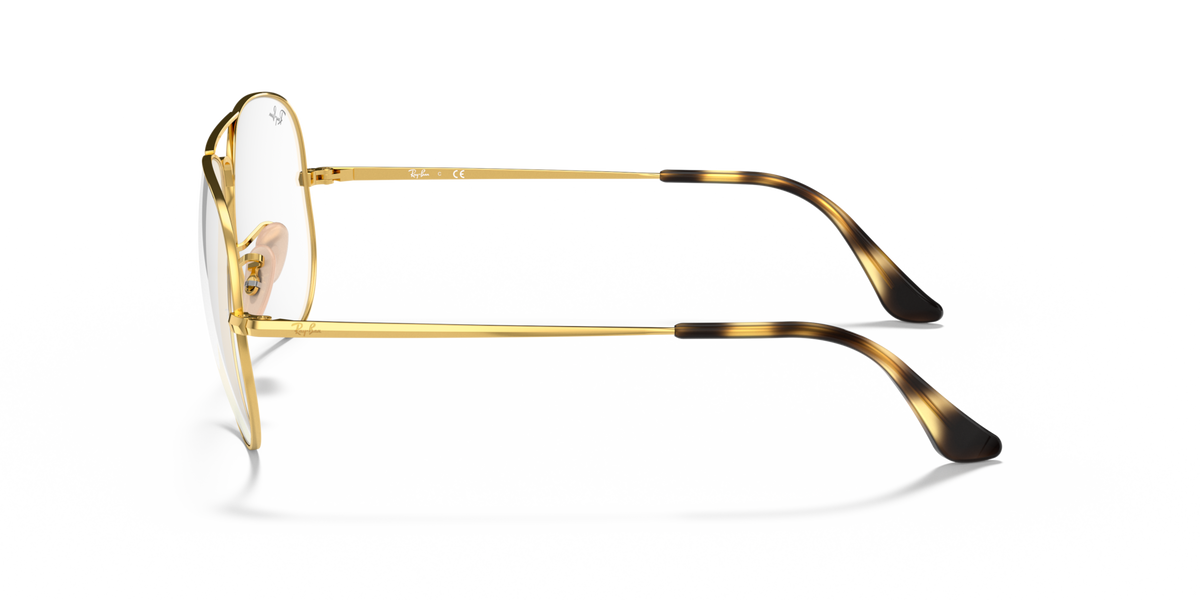 Gold aviator prescription eyewear frames, side view with clear lenses