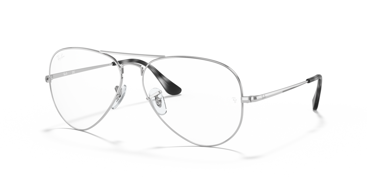 Silver aviator prescription eyewear frames with clear lenses and dark temple tips