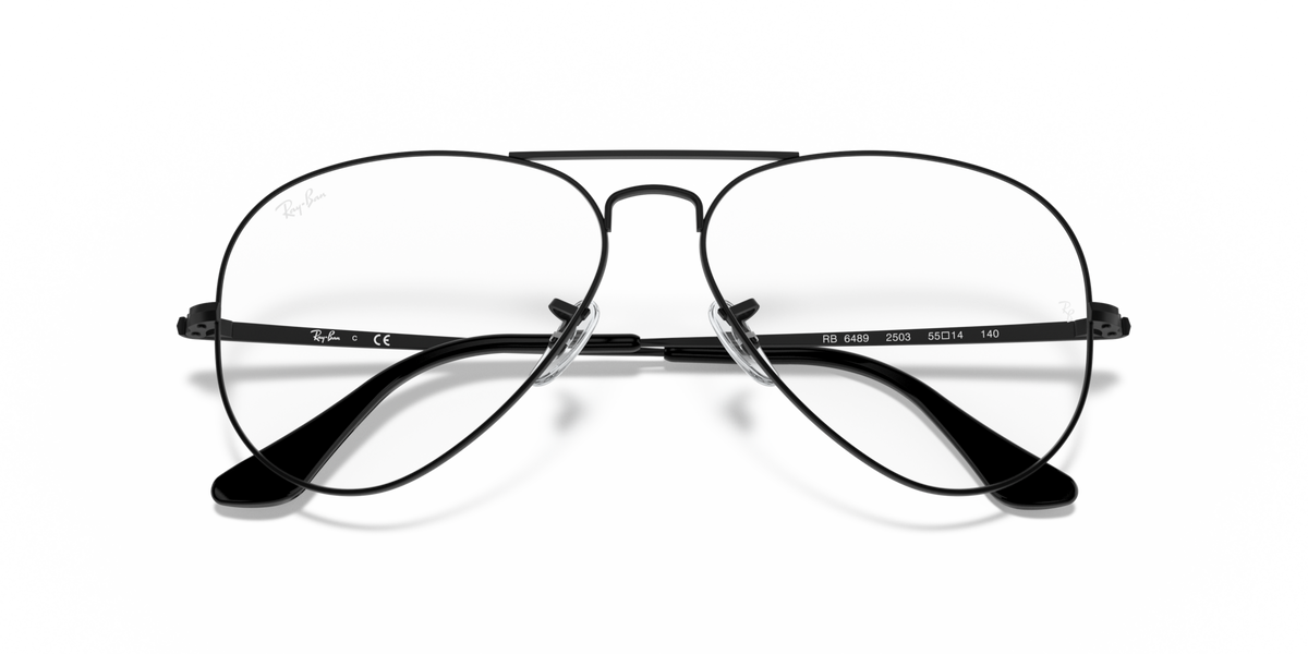 Black aviator prescription eyewear frames, straight-on view of lenses and bridge