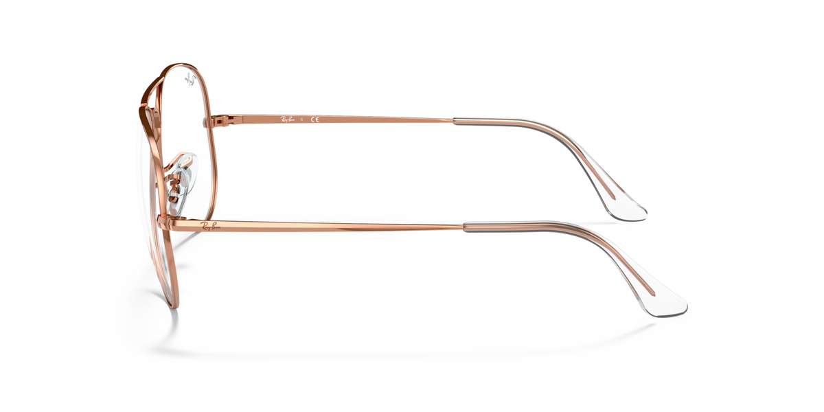 Rose gold aviator prescription eyeglass frames side view with metal hinge and temples