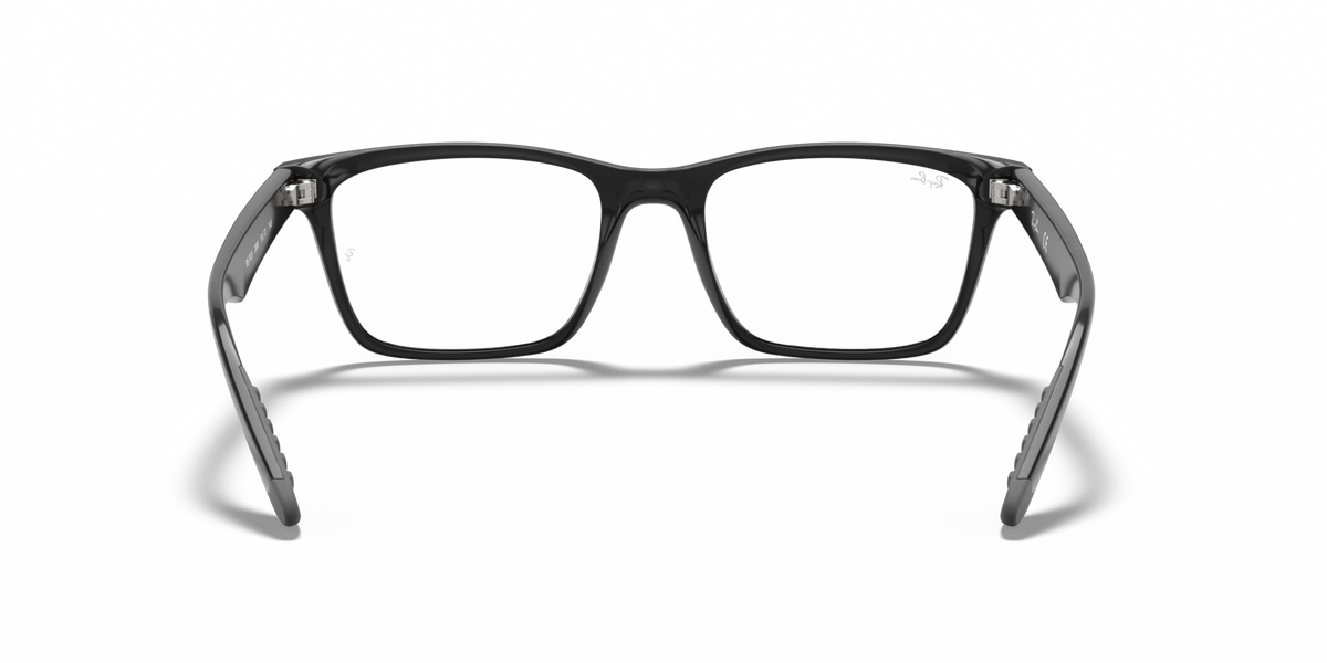 Black prescription eyewear frames, front view with detailed hinge and textured tips