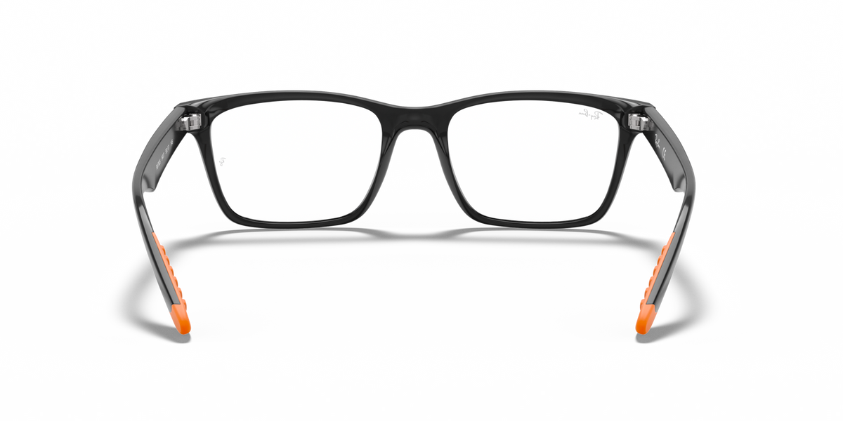 Black prescription eyewear frames with orange accent tips, front view