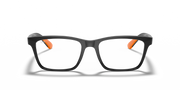 Black rectangular prescription eyewear frames with orange nose pads and tips