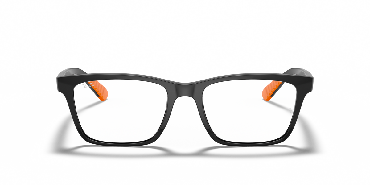 Black rectangular prescription eyewear frames with orange nose pads and tips