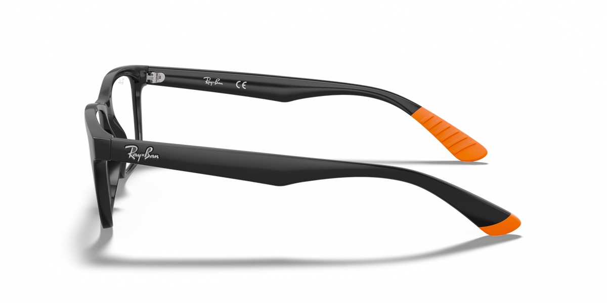Black prescription eyewear frames with orange temple accents, side view