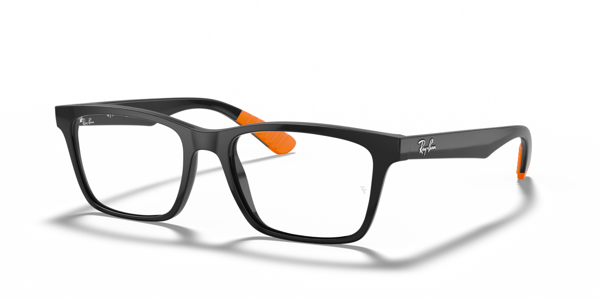 Black prescription eyewear frames with orange interior accents and slim temples