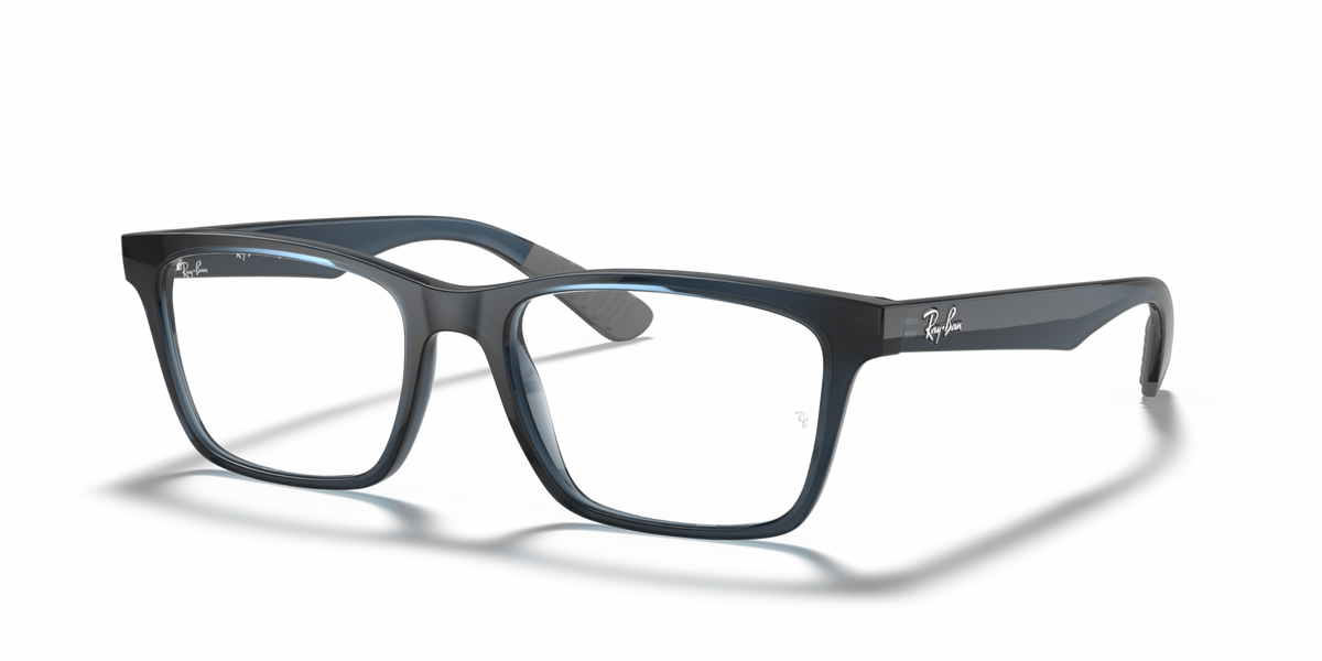 Ray-Ban prescription eyewear frames in transparent grey-blue, angled front view