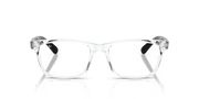 Clear rectangular eyeglass frames with dark acetate temples and visible hinge detail