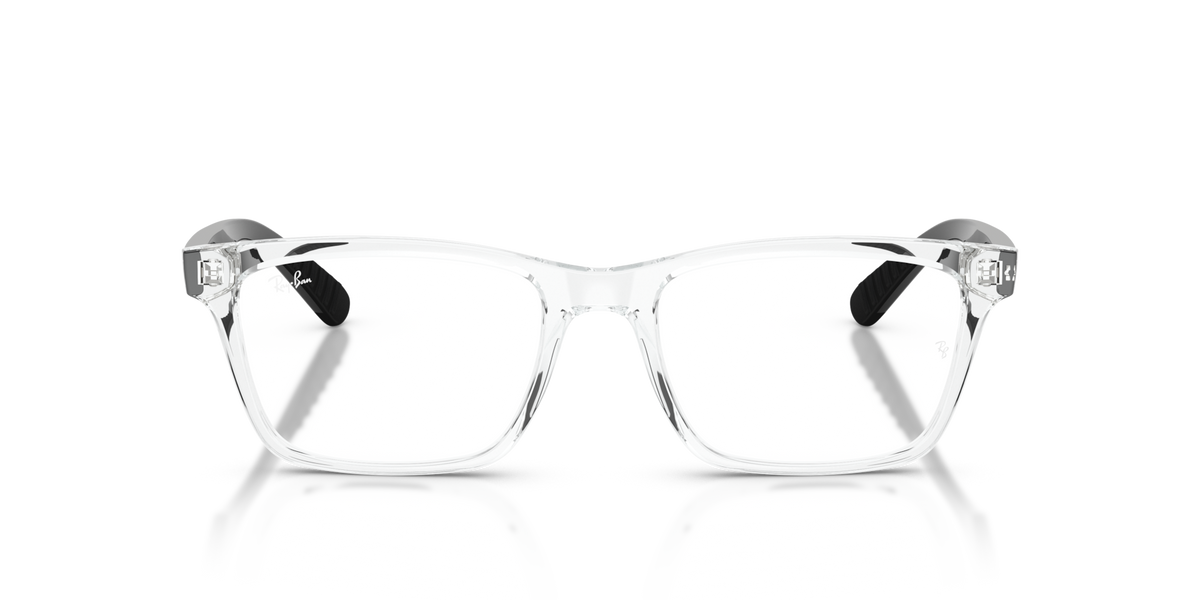 Clear rectangular eyeglass frames with dark acetate temples and visible hinge detail