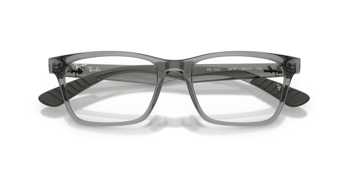 Gray rectangular eyeglass frames with dark lenses and black temple tips