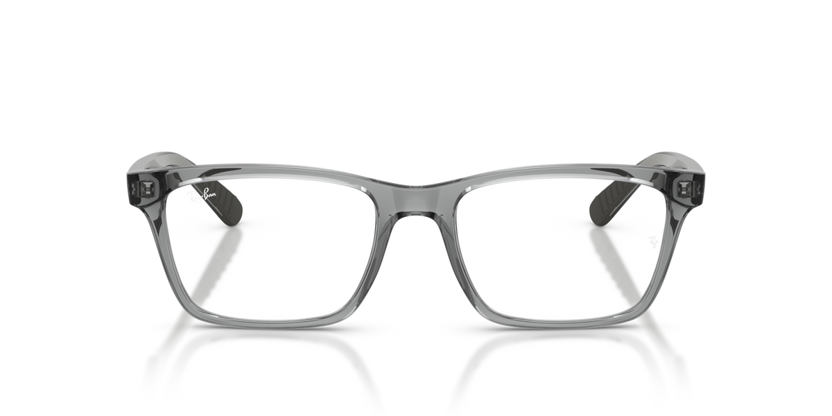 Clear rectangular eyeglass frames with dark oval temple details