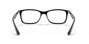 Matte black eyeglass frames with blue temple tips, front view