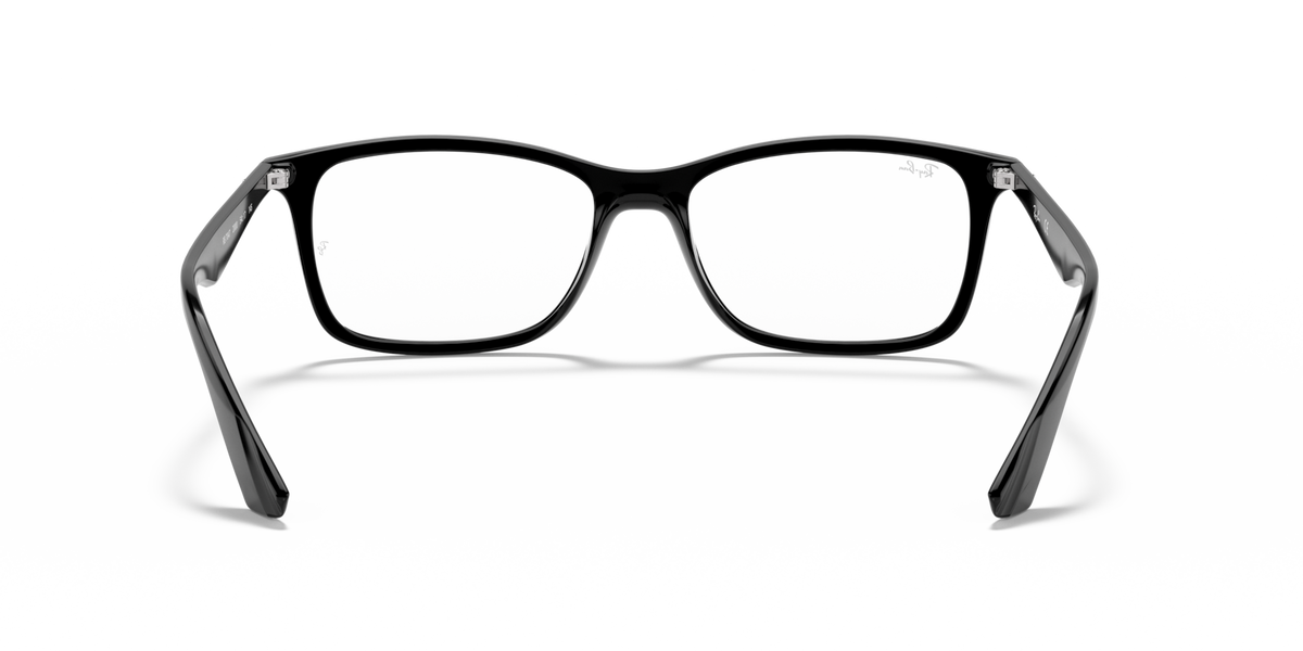 Matte black eyeglass frames with blue temple tips, front view