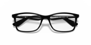 Matte black eyeglass frames with blue-tinted inside arms, top front view