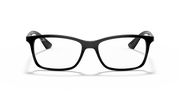 Matte black eyeglass frames with dark blue tips, front view