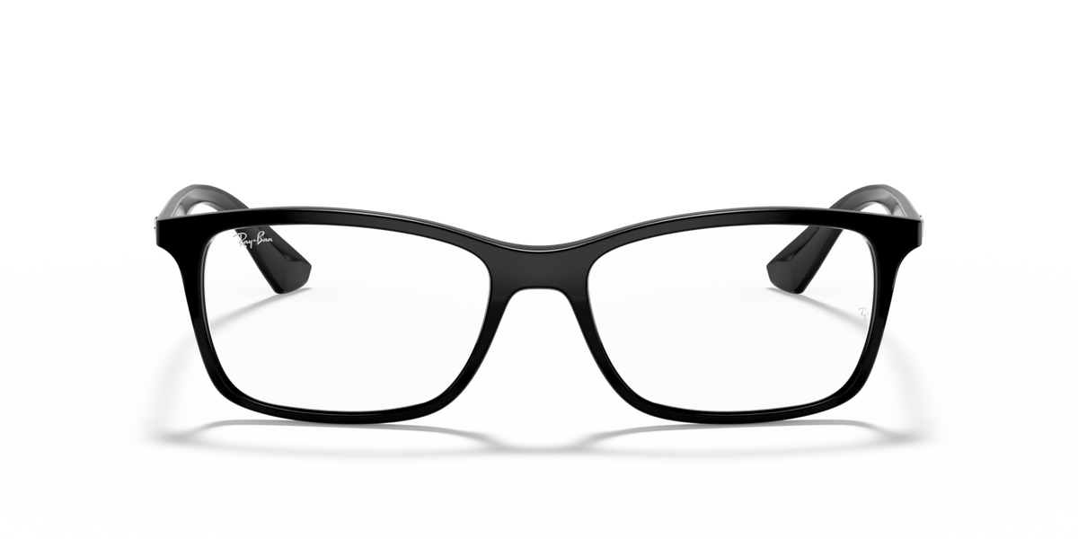 Matte black eyeglass frames with dark blue tips, front view