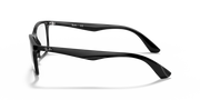 Matte black eyeglass frames with dark blue temple arms, side view