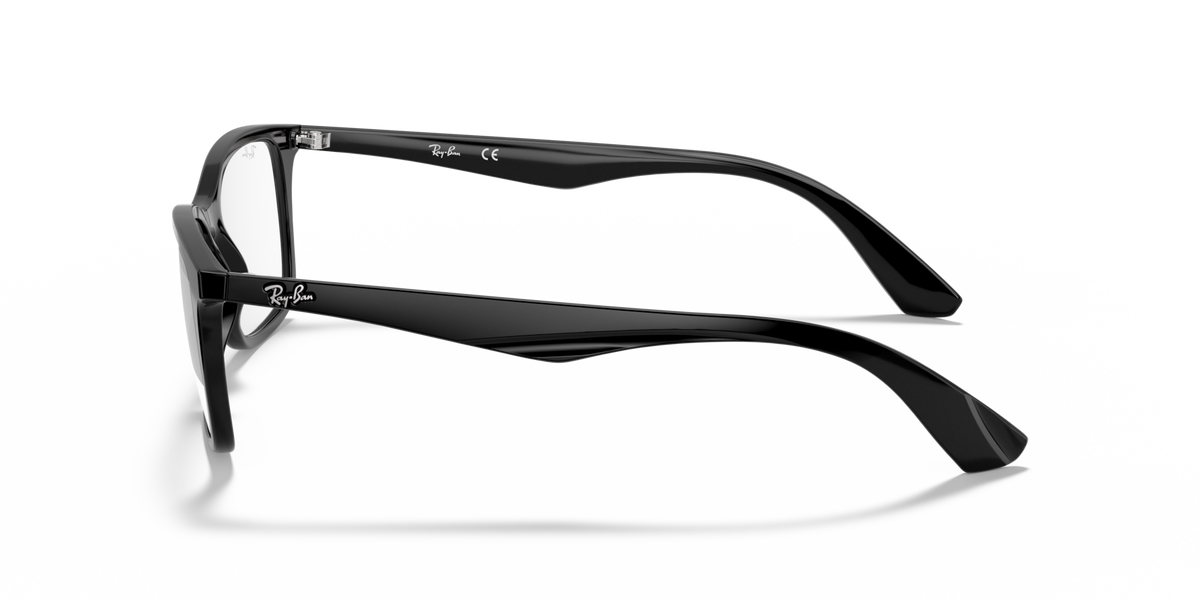 Matte black eyeglass frames with dark blue temple arms, side view