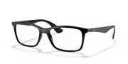 Matte black eyeglass frames with dark blue temple accents, front view