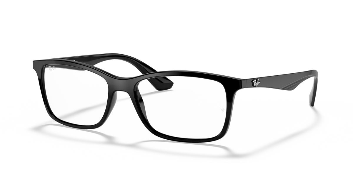 Matte black eyeglass frames with dark blue temple accents, front view