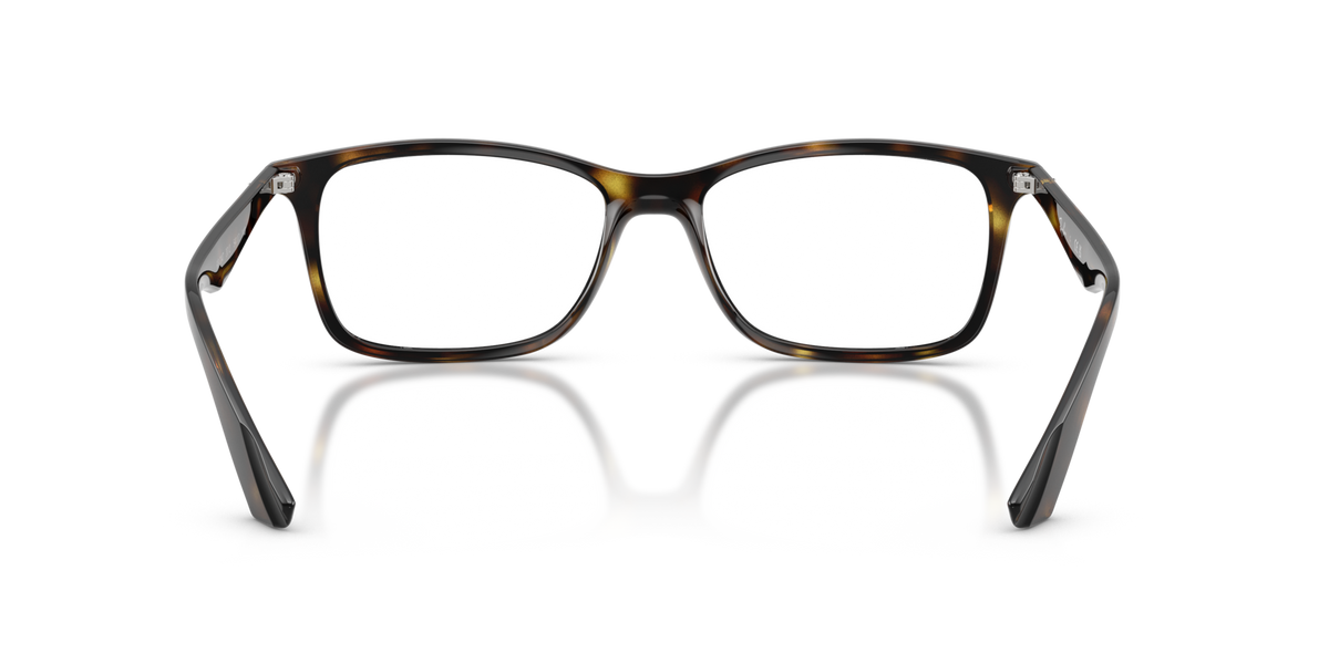 Dark rectangular eyeglass frames with warm amber tint and clear lenses