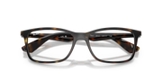 Transparent brown rectangular eyeglass frames with clear lenses and gray temples